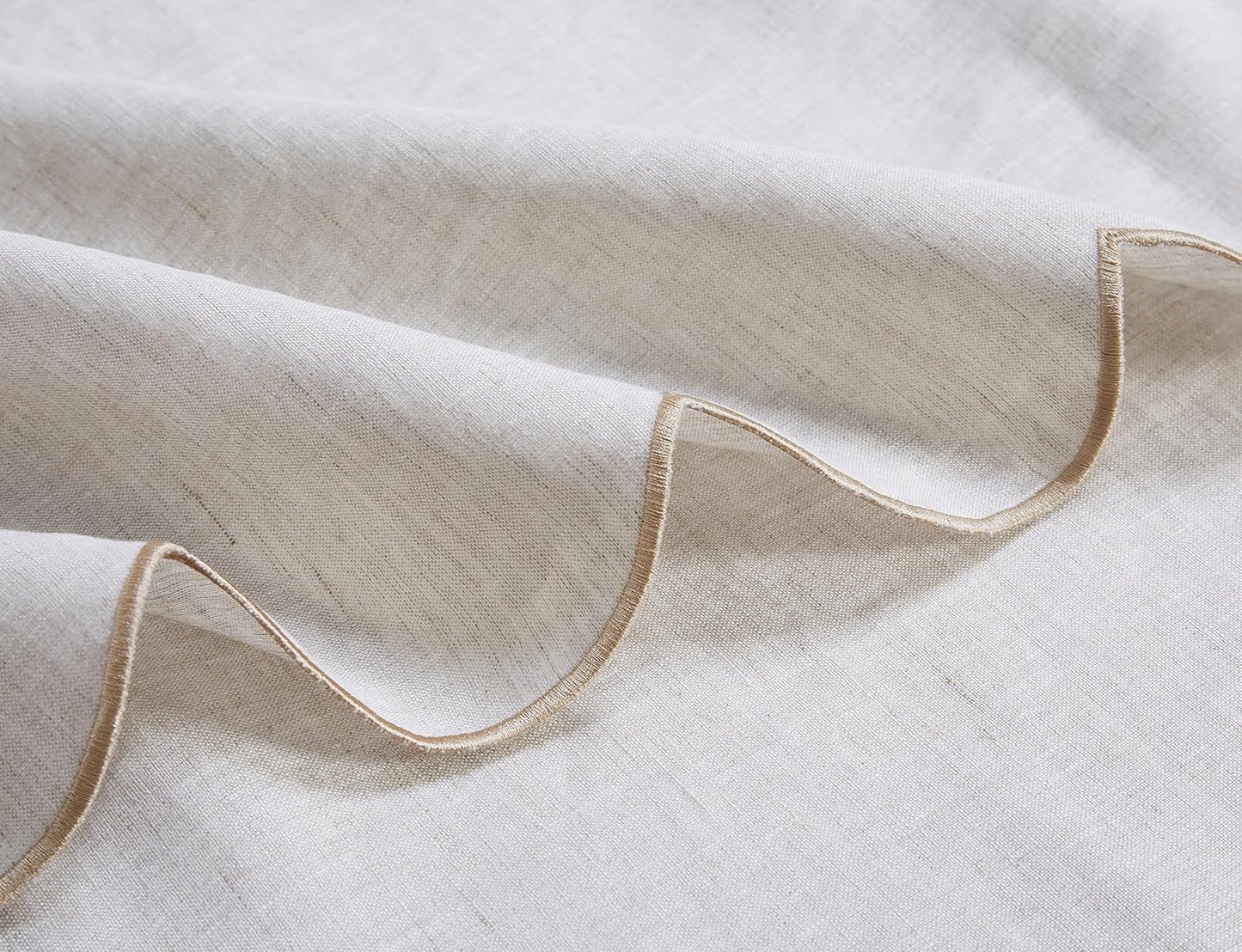 100% French Flax Linen Tablecloths Scalloped Embroidery Rectangle 132Lx60W Inch for Dinners, Spring, Machine Machine Washable, 12-14 Sets, Linen(Edges-Gold)