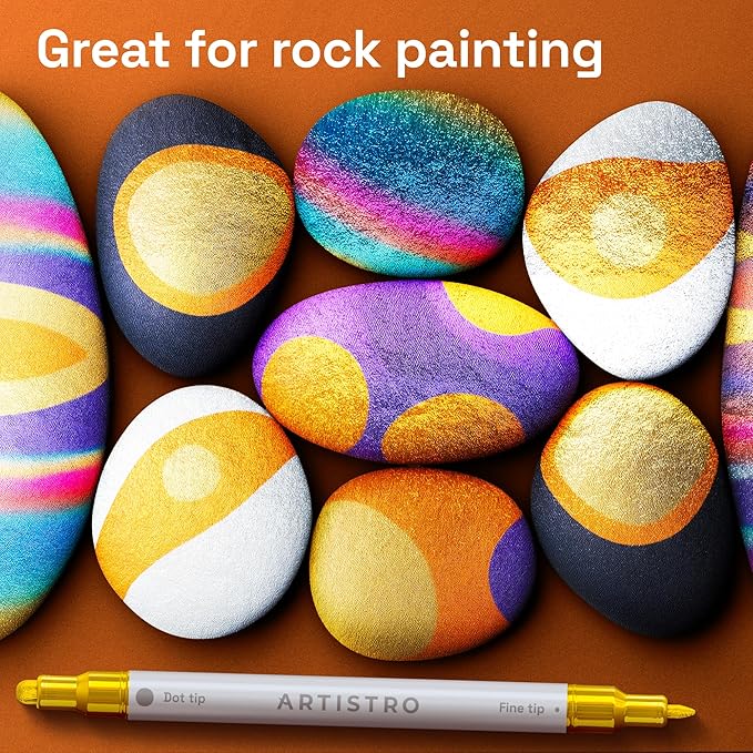 ARTISTRO 5 Gold Acrylic Paint Markers for Rock, Fabric, Wood, Glass, Decoration - Dual-Tip Paint Pens for Coloring Books for Adults, Teens, Kids - Art and Craft Supplies Kit - Gift Idea
