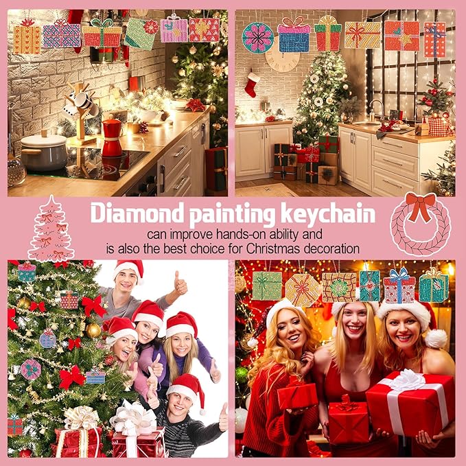 Huquary 24 Pcs Diamond Art Christmas Ornaments 5D DIY Christmas Diamond Arts Painting Keychains Xmas Hanging Painting Kits Gift Boxes Crystal Rhinestone Craft for Home Winter Holiday Gifts
