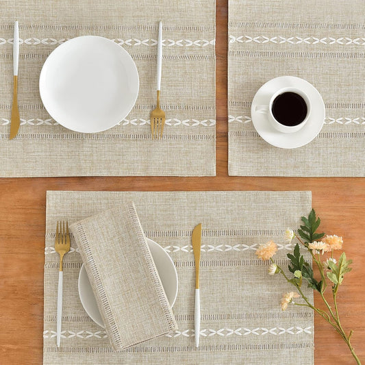 Wracra Cotton Linen Placemats, 14 x 19 Inch Set of 8 Placemats Rustic Hemstitch Place Mats for Kitchen Table and Heat Resistant-Hemstitch Coffee