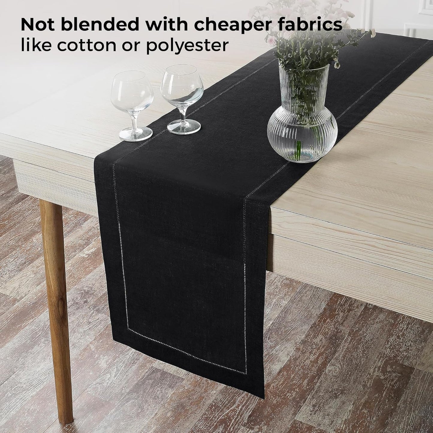 D'Moksha Homes Linen Black Table Runner 102 Inches Long - 100% Pure Linen Hemstitch 14 x 102 Inch Table Runner for Dining, Fall, Autumn and Halloween - Classic Hemstitch