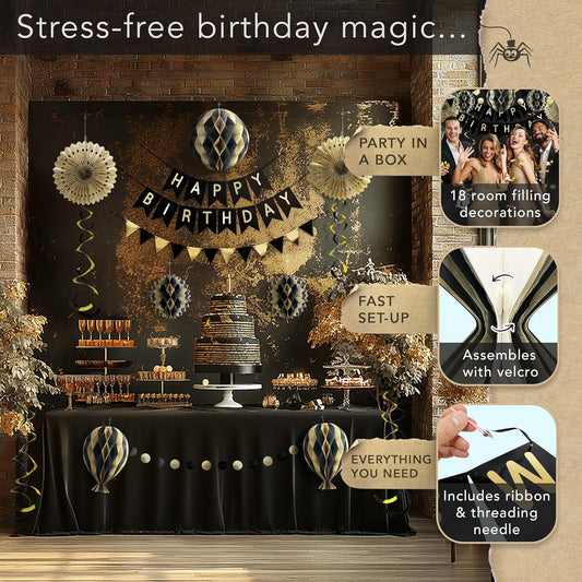 Premium Reusable - Black and Gold Birthday Decorations for Men and Women - Multi-occasion Banner, Pennant Banner, Paper Fans - Party Decor by Itsy Bitsy Party Co