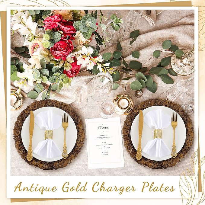 12 Pcs Antique Gold Charger Plates Bulk 13 Inch Embossed Rim Plastic Round Decorative Vintage Plates Charger for Dinner Wedding Party Event Table Setting Decoration (Classic)