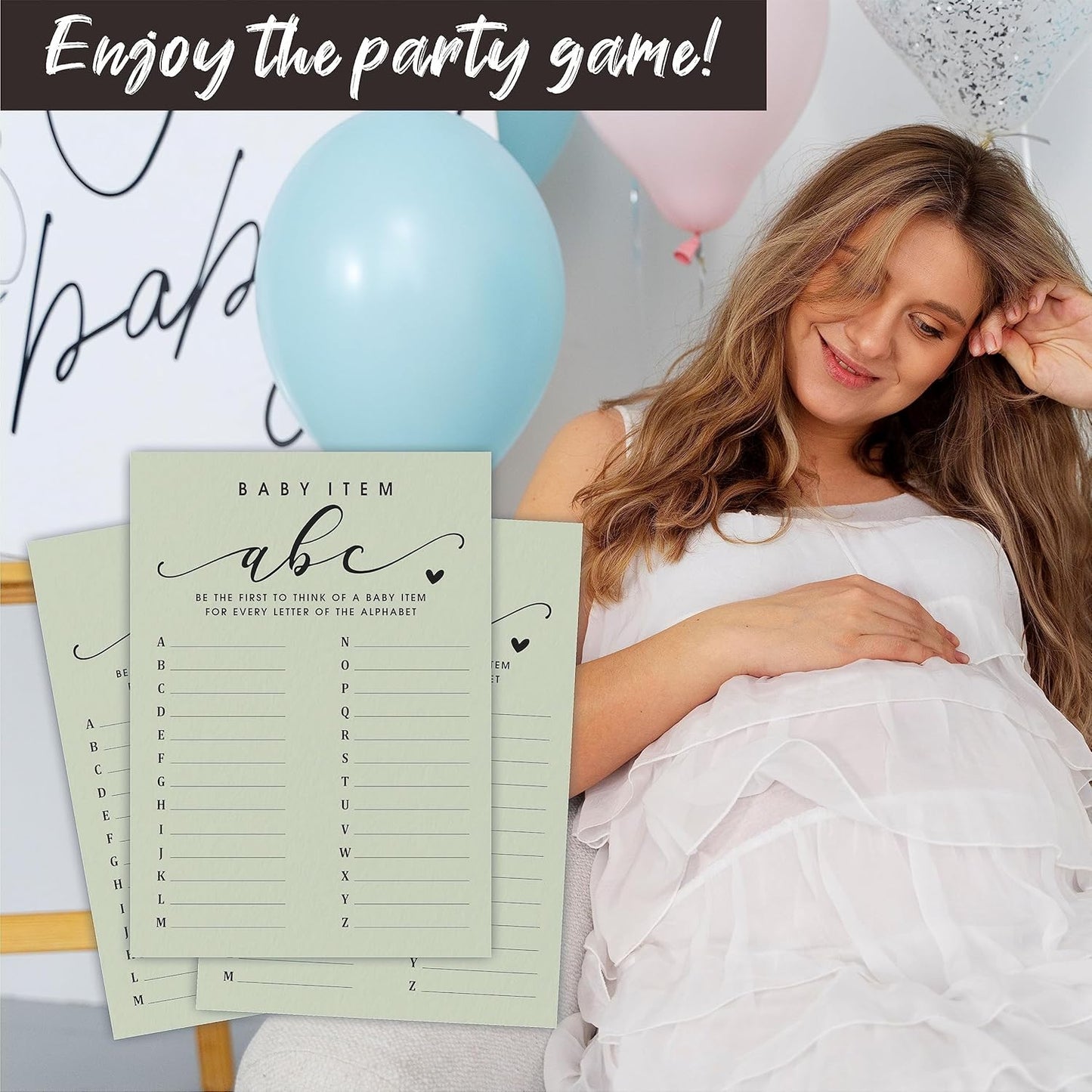 NYCTUG 30 Baby Item ABC Game Cards, 5"X7" Fill-in Alphabet Game for Baby Shower, Gender Reveal, Baby Announcement, Party Game Activity & Supplies - B03
