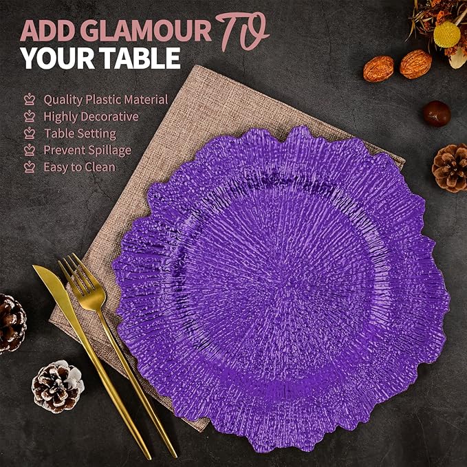 50 Pcs Purple Charger Plates Bulk 13 Inch Plastic Charger Plates for Dinner Plate, Purple Chargers for Table Setting, Reef Design Plate Floral Decorative Round Chargers for Wedding Party Event