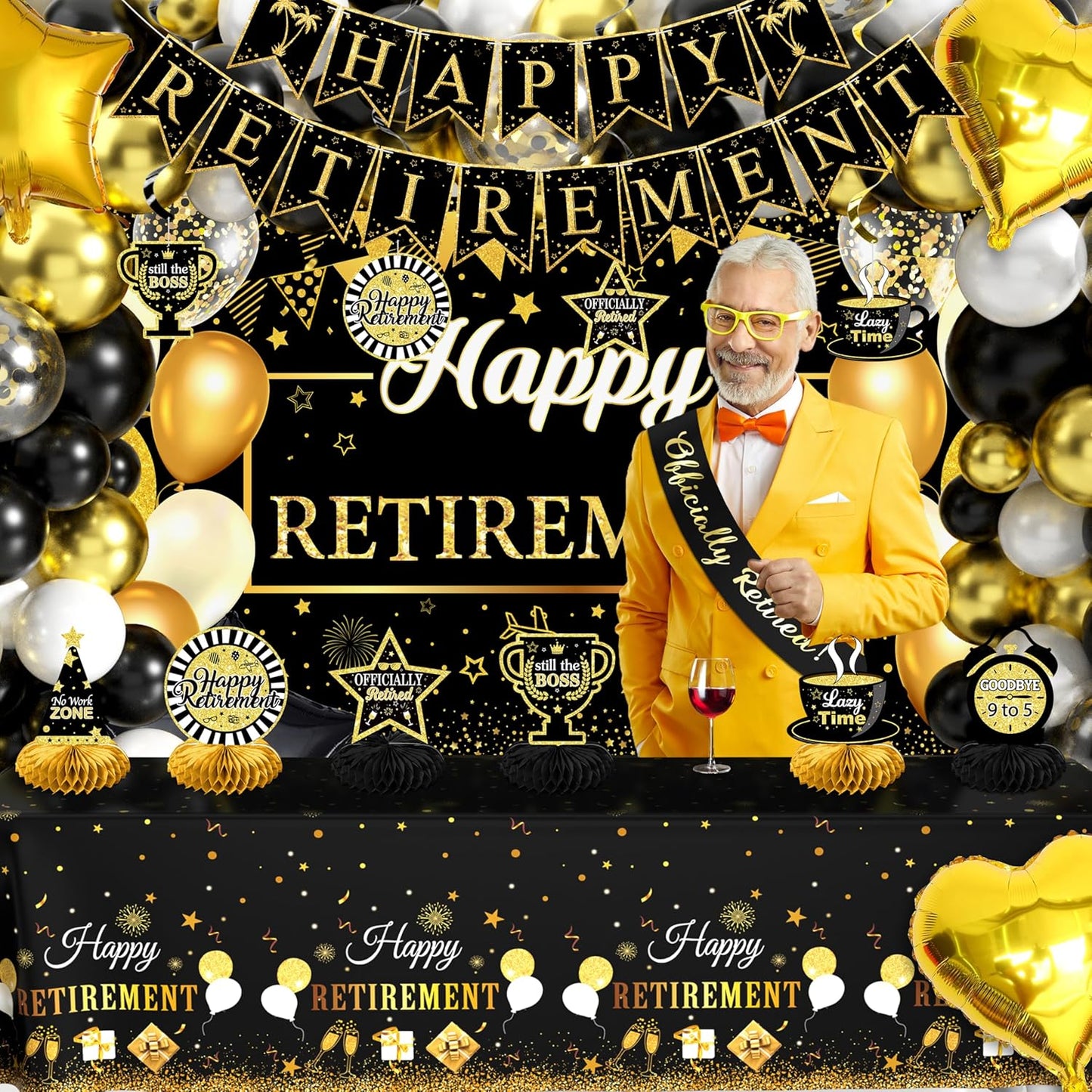 Retirement Party Decorations for Men Women 109Pcs Black Gold Happy Retirement Decorations Retired Banner Backdrop Balloons Sash Hanging Swirls Pompoms Tablecloth Honeycomb Centerpiece(Black Gold)