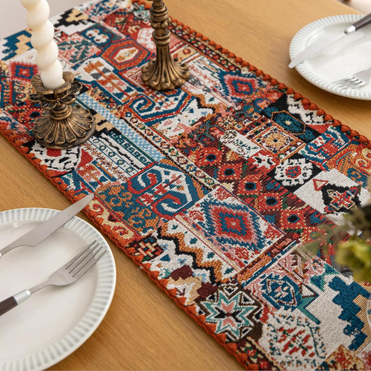 Boho Embroidery Table Runner, Geometry Fall Kitchen Dining Table Decoration for Home Party Decor 13x48Inch