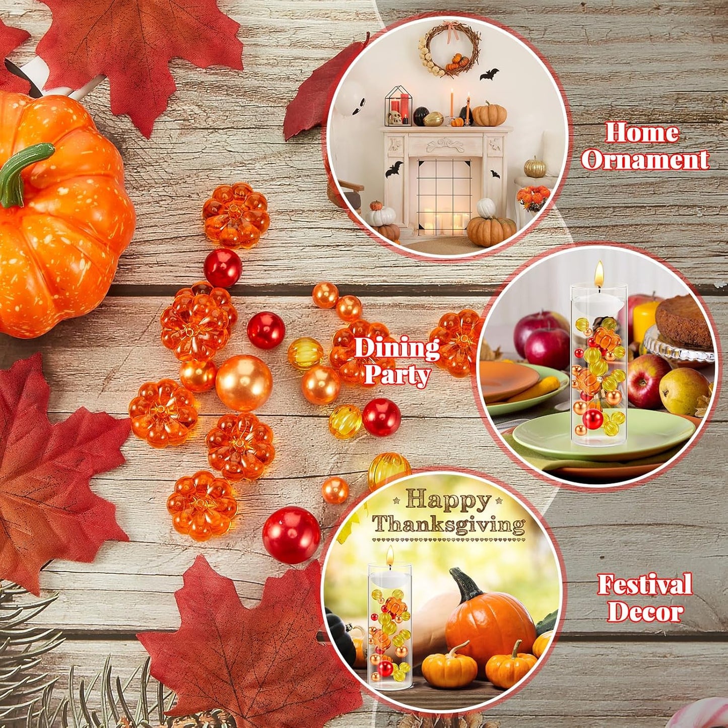 MTLEE 124 Pcs Thanksgiving Vase Filler Faux Pearl for Vase Filler with 8 White Unscented Candles for Fall Thanksgiving Home Table Party Festival Decors, Not Included Clear Beads(Pumpkin)