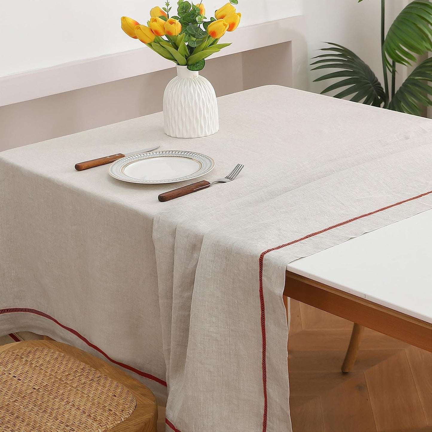 Linen World Hemstitch Linen Tablecloth,100% Natural French Flax,60x120Inch Handcrafted Natural-Rust Linen Table Cloth,Tabletop Decoration,Table Cloths for Kitchen,Dining,Daily Use