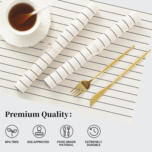 Leetaltree White with Black Stripes Placemats Set of 6 - Heat Resistant Non-Slip Place mats for Dining Table, Washable Durable PVC Vinyl Woven Table Mats(White Stripes, 6)