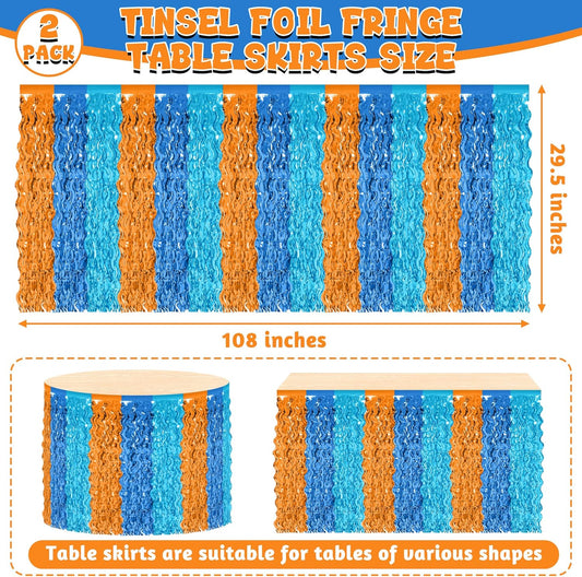 2 Pack Table Skirt, Blue Orange Grass Skirt for Table, Metallic Wavy Tinsel Foil Fringe Desk Skirts, Blue Orange Foil Table Skirt for Birthday Indoor Party Decorations