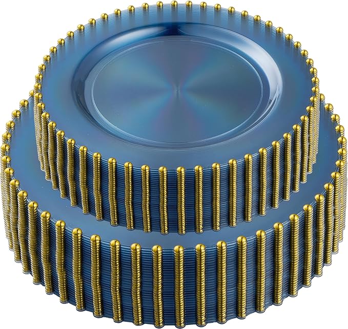 PLASTICPRO 128 Piece Combo Plastic Dinner Plates Disposable Plastic Fancy Heavy Duty Party Dishes 7 inch and 10 inch, Translucent Blue and Gold Beaded