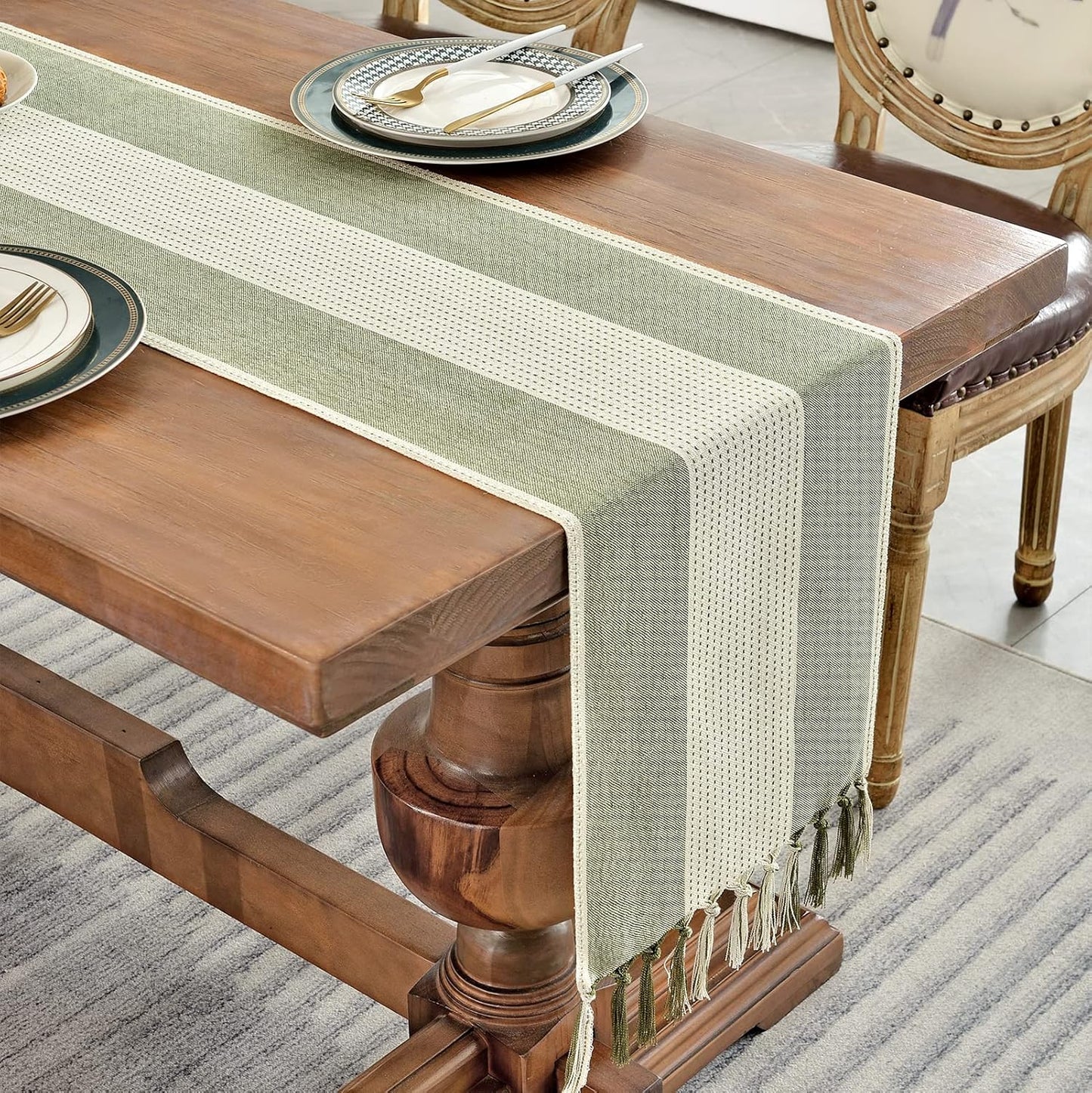 Wracra Linen Table Runner, Farmhouse Macrame Table Runners 108 Inches Long for Dining Table Decor, Wedding, Party and Dresser Decor (Sage Green,108")