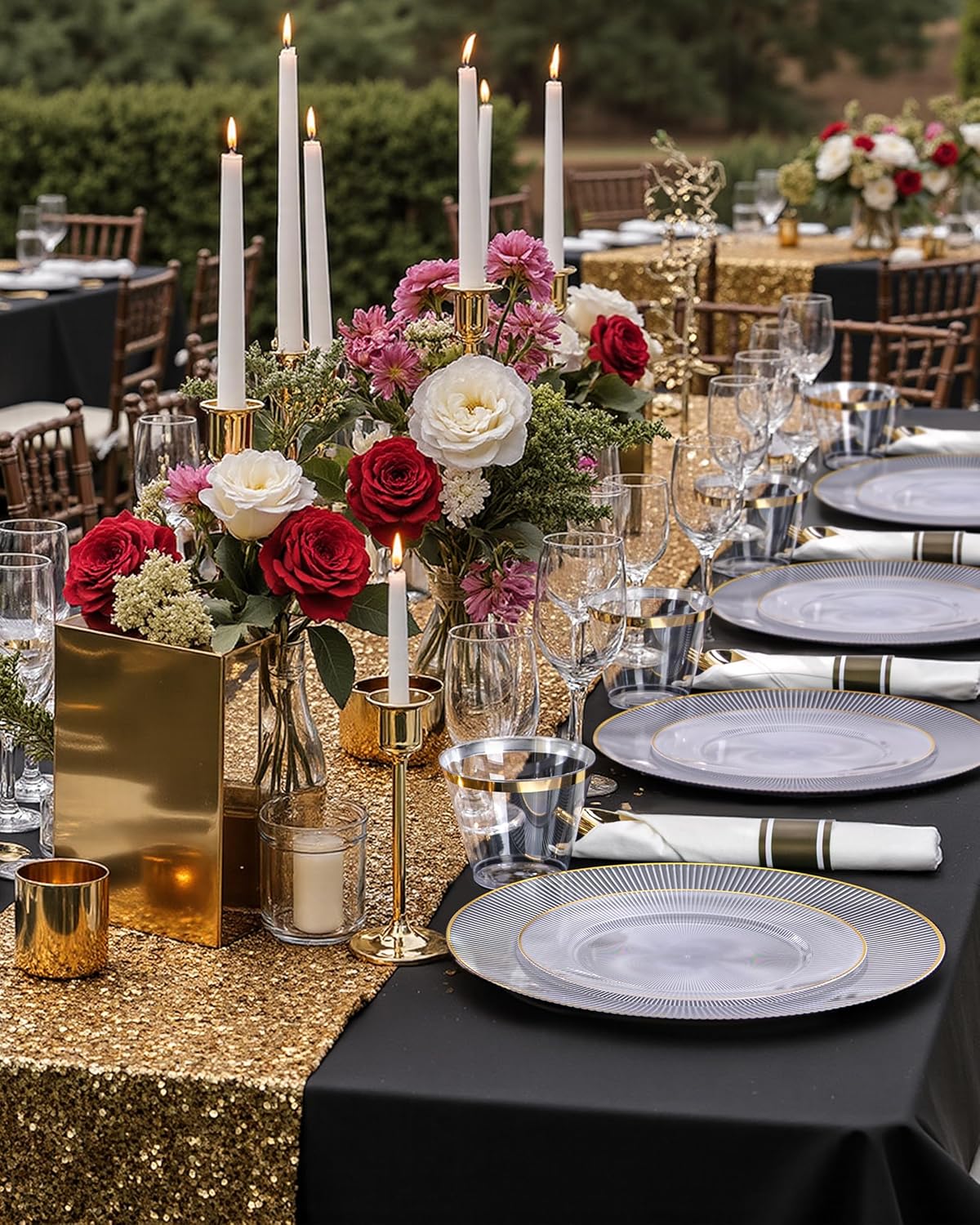Hioasis 60pcs Clear Gold Plastic Plates - Gold Disposable Dinnerware Set, 30pcs Dinner 10.25in & 30pcs Dessert 7.5in Plates with Striped Designs for Party & Wedding