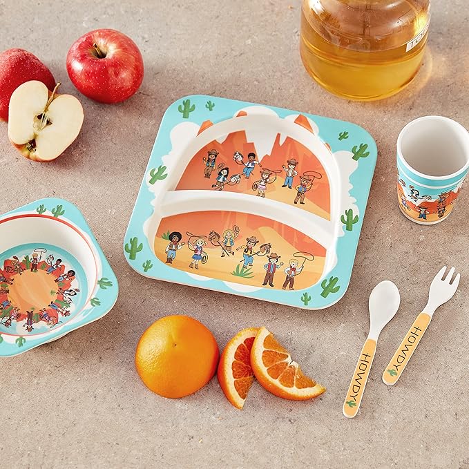 Western Cowboys Themed Kids Dinnerware - 5 Piece Set, Bamboo Fiber Plate, Bowl & Cup, Toddler Safe Utensils