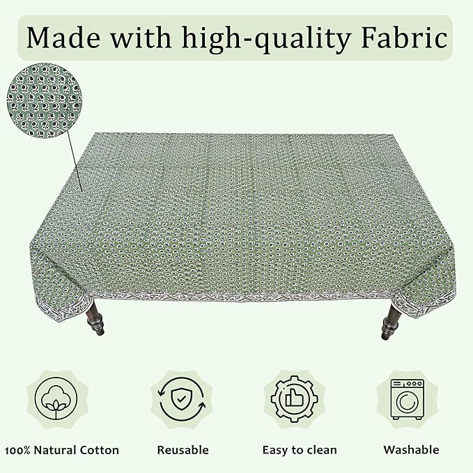 Ridhi Hand Block Print Basil Green Rectangle Cotton Tablecloth 108" x 60" Reusable Table Cover Decorative Everyday Use for Dining, Farmhouse, Home Gift for Spring, Easter, Valentine