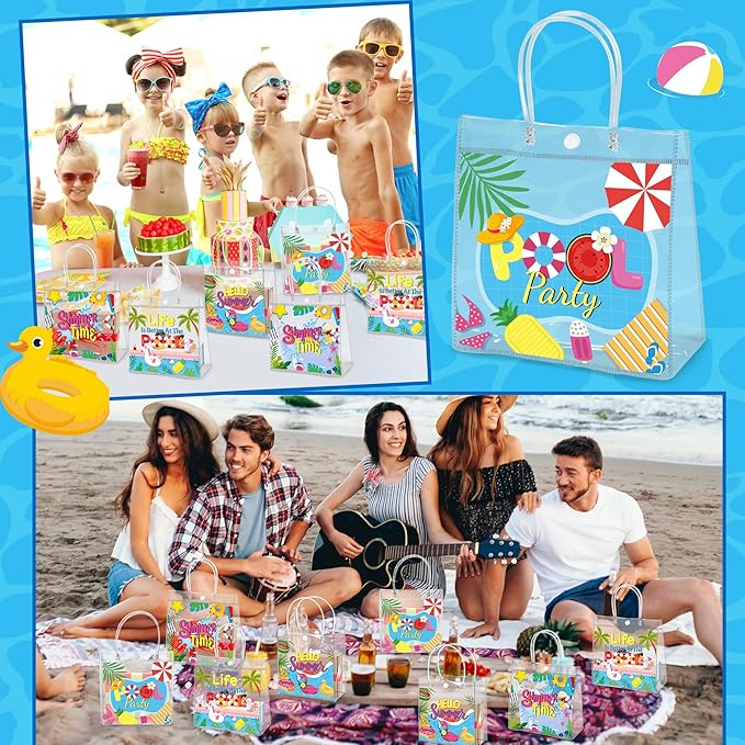 H1vojoxo Summer Themed Gift Bags - 24PCS Pool Beach Party Favor Clear Bags with Handles 7.87x3.2x7.87 Inch Summer Clear PVC Gift Bag 4 Styles Waterproof and Reusable Pool Goodie Treat Party Tote Bag