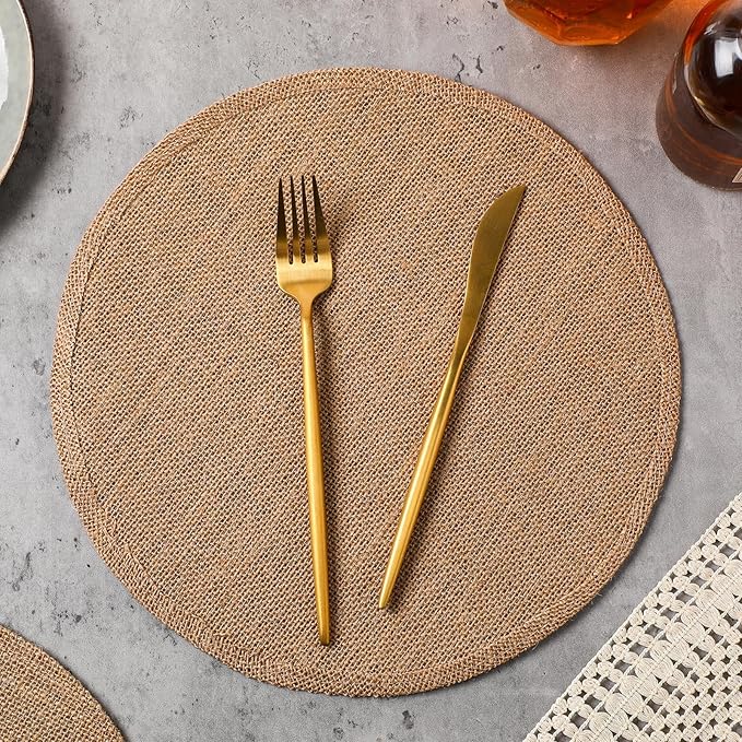 Yunlly Set of 48 Round Burlap Placemats Bulk Burlap Farmhouse Placemats Set Heat Resistant Table Mats Circle Jute Charger Place Mats for Wedding Holiday Dinner Rustic Table Decorations(11.8 in,Brown)