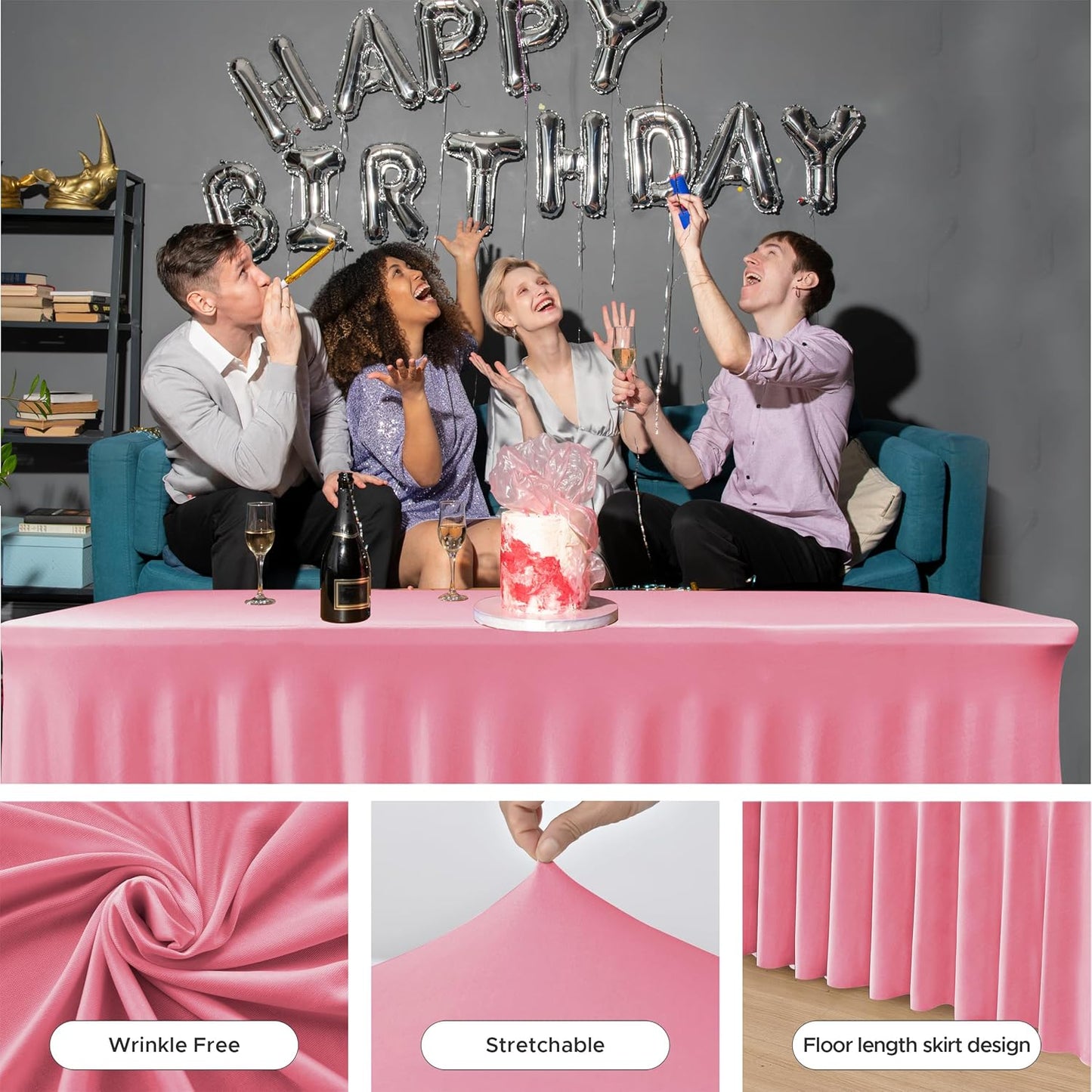 HolidayIdeas 2 Pack Spandex Table Skirts for 4 ft Folding Table, Stretch Rectangle Tablecloth for Wedding, Banquets, Parties, Pink, 24x48