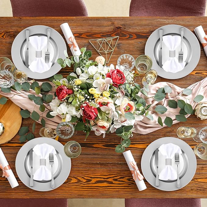 Tanlade 100 Pcs Charger Plates Set Bulk Include 50 Plastic Plate Chargers and 50 Napkin Rings 13" Round for Dinner Table Setting Wedding Baby Shower Decoration(Silver)