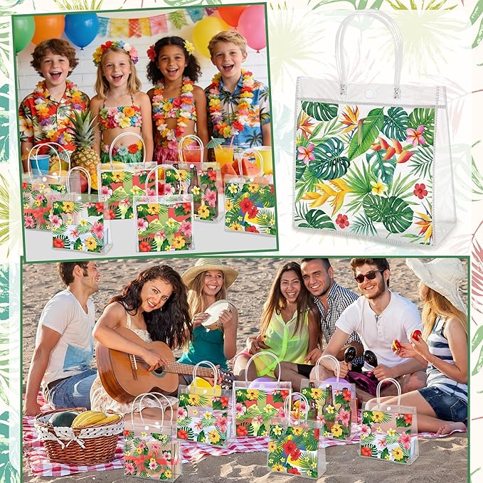 H1vojoxo Hawaiian Luau Gift Bags - 24PCS Hawaiian Luau Party Favors Bags Summer Luau PVC Clear Gift Bag with Handle Summer Tropical Palm Leaves Plastic Transparent Gifts Bag for Hawaiian Party Favor