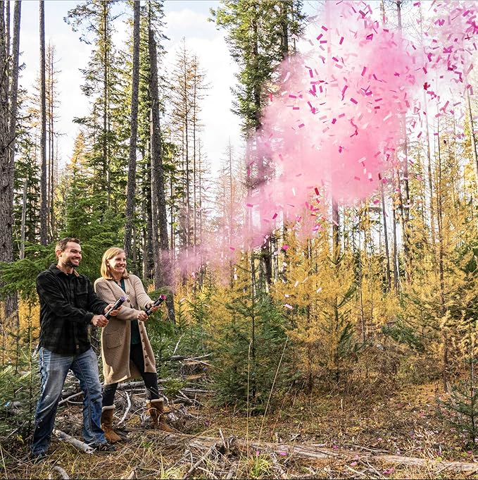 Gender Reveal Confetti Cannon 2 Pink 2 Blue Powder Smoke with 100% Non-Toxic, Food-Grade Corn Starch - Safe and Easy Compressed Air Party Popper - Bright Explosion for Photo Effect