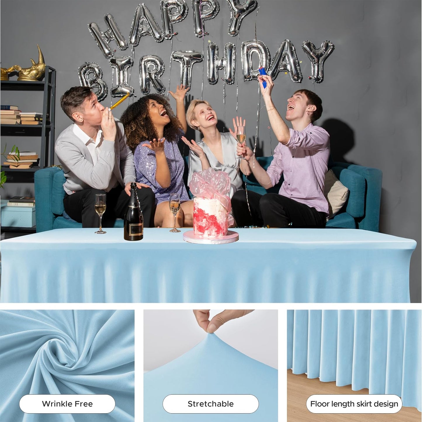 HolidayIdeas Spandex Table Skirts for Rectangle Tables 4 Ft, Fitted Stretch Table Cover 24x48 Inch, Wrinkle-Free Ruffle Design Tablecloths for Banquets,Trade Shows, Parties, Events, 4 Pack, Baby Blue