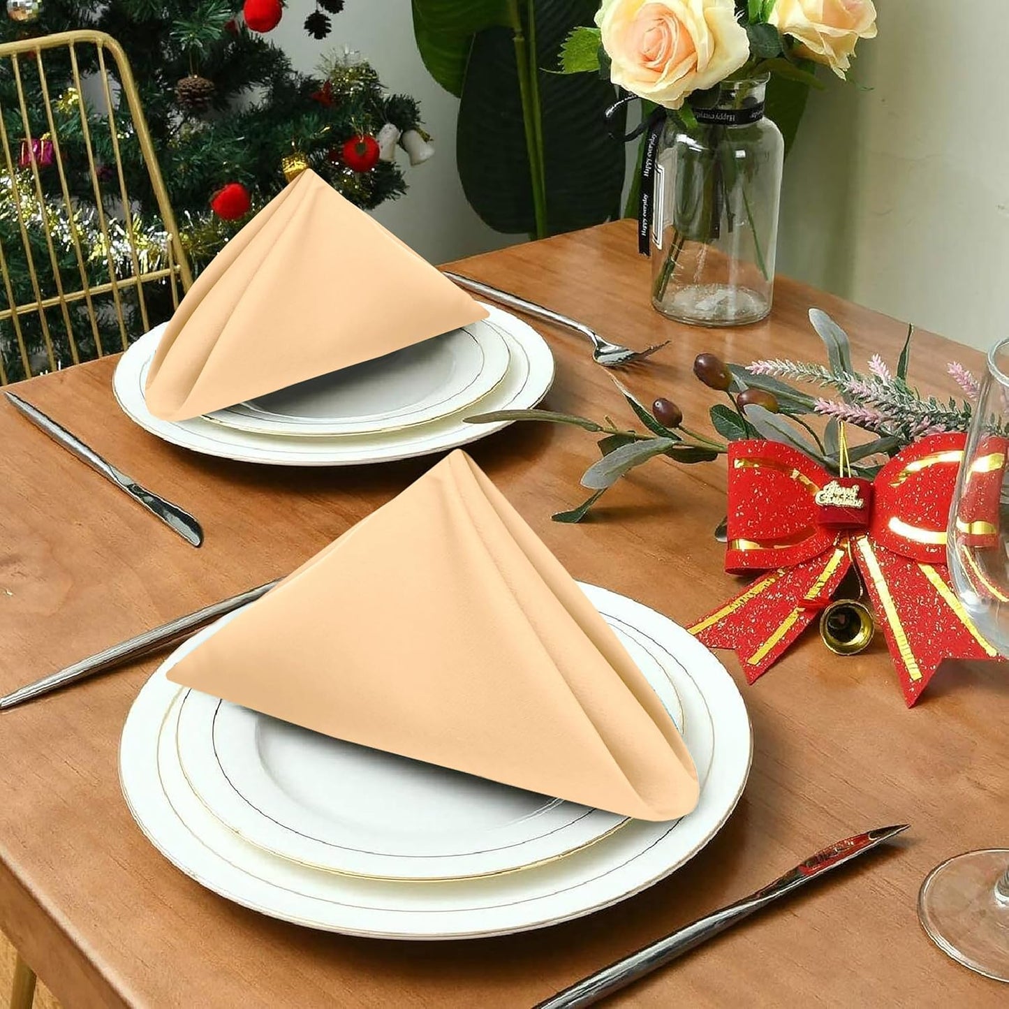 Ruvanti Cloth Napkins Set of 6, 18x18 Inches Napkins Cloth Washable, Soft, Durable, Absorbent, Cotton Blend. Table Dinner Napkins Cloth for Hotel, Lunch, Restaurant, Wedding Parties - Ivory Gold