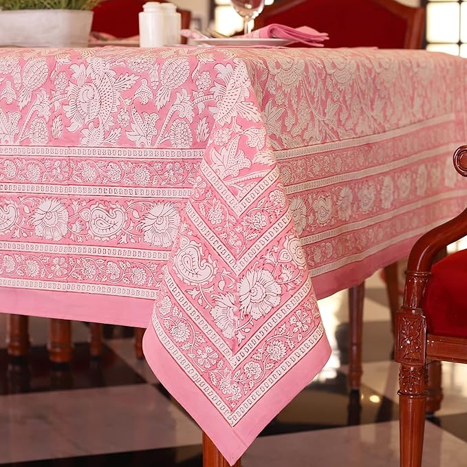 Labhanshi Indian Handblock Print Floral 100% Cotton Canvas Rectangle Table Cloth|72x108 Inch 8-Seater Rustic Farmhouse Decorative Table Cover|Spring Easter Festive Holiday Decor|Pink Rose