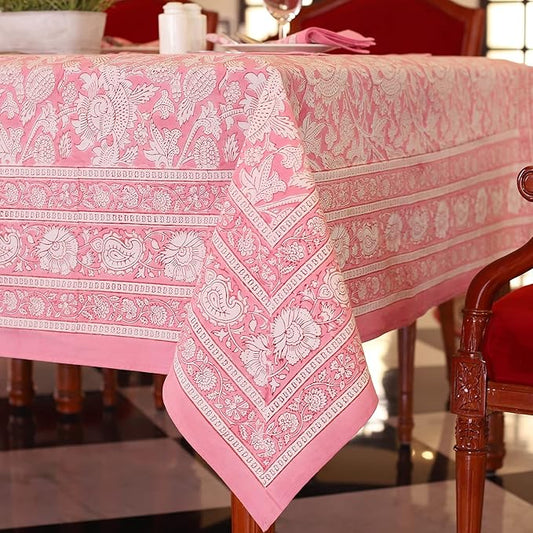 Labhanshi Indian Handblock Print Floral 100% Cotton Pre-Washed Canvas Rectangle Table Cloth|72x135 Inch 10-Seater Large Decorative Table Cover|Spring Easter Festive Holiday Decor|Pink Rose
