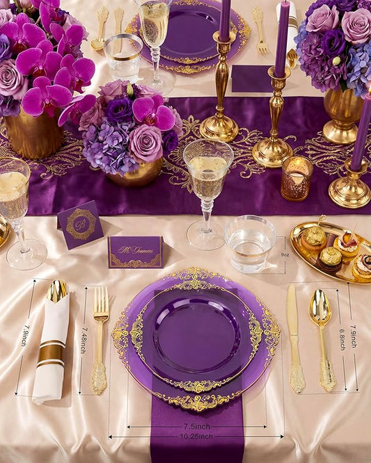 Nervure 350PCS Purple Plastic Plates - Disposable Purple Gold Party Plates & Pre Rolled Napkins with Cutlery for 50 Guests, 100Plates, 150 Silverware, 50 Cups, 50 Napkin for Wedding & Party & Bridal
