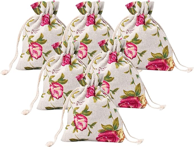 Mandala Crafts 3X4 Inch Mini Rose Burlap Drawstring Gift Bags for Favors - 50 Tiny Floral Linen Sacks Gift Pouches for Candy, Coffee, Jewelry, Wedding, and Party Supplies