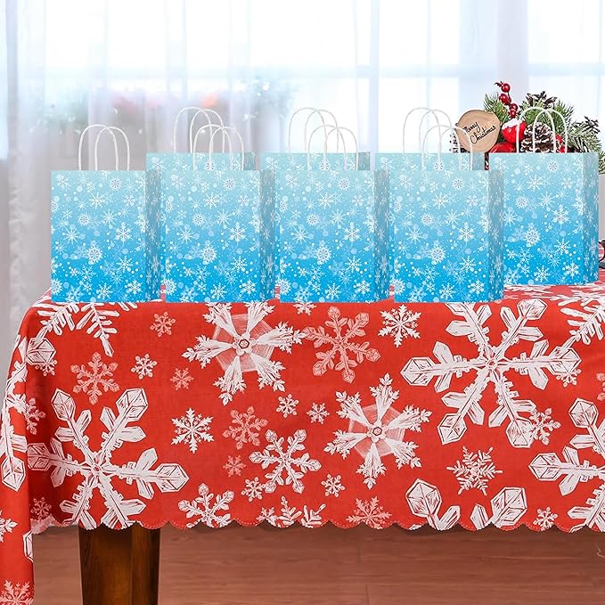 HongXingHai Christmas Gift Bags with Handles, 16 Pack Kraft Paper Bags with Snowflake Design, Reusable Holiday Party Favor Bags for Christmas, Winter Birthday, Wedding, Shopping, Small Gifts