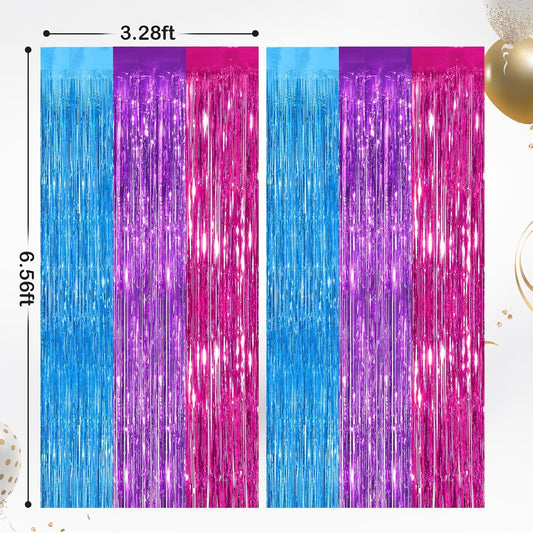 2 Pack Blue Purple Pink Metallic Tinsel Foil Fringe Curtains, Door Streamers Photo Booth Backdrop for Birthday Party, Tinsel Curtain Backdrop for Baby Shower Bachelorette Christmas Party Decorations