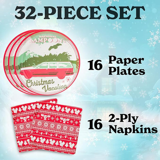 Silver Buffalo Christmas Vacation National Lampoon's 32 Pack Partyware Disposable Paper Plates and Napkins