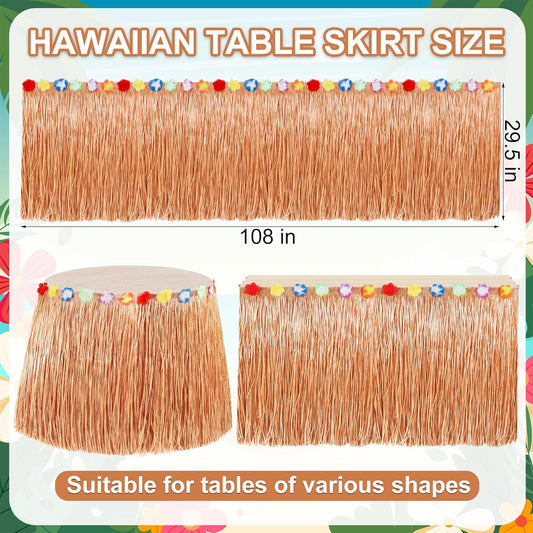 Hawaiian Themed Party Decorations, 2PCS Yellow Luau Party Table Skirt Decorations, 108 X 29.5" Table Skirt Flower Tropical Hula Dance Parties Supplies, Grass Table Skirt for Summer Beach Themed Party