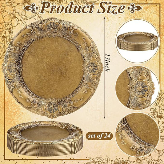Mifoci Antique Gold Charger Plates Set of 24 Plastic Gold Chargers for Dinner Plates Decorative 13" Round Plate Bulk with Embossed Rim for Dinner, Party, Wedding