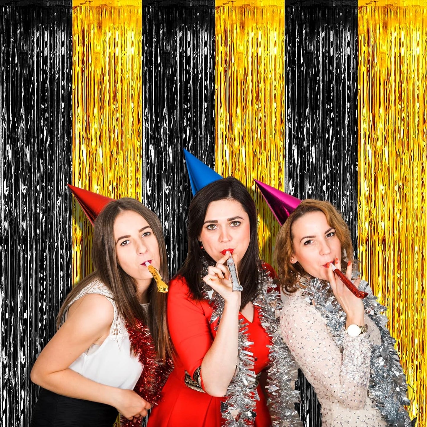4 Pack 3.2Ft x 6.6Ft Black Gold Foil Fringe Curtain Backdrop, Metallic Tinsel Foil Fringe Streamers Curtains Background for Photo Booth, Birthday, Wedding, Graduation, Carnival Party Decoration