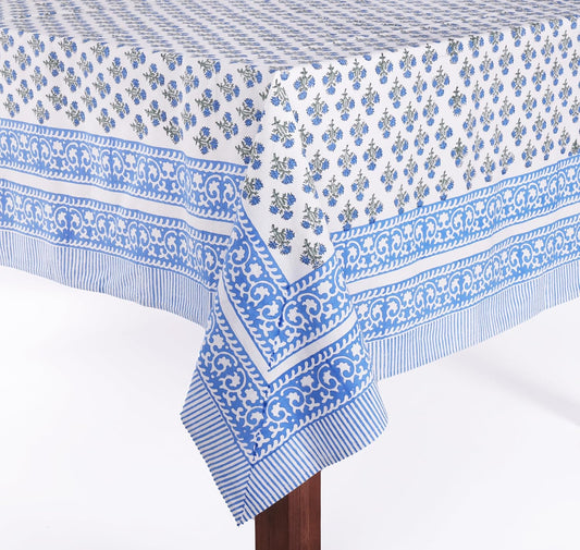 ATOSII Gulbahar Blue 100% Cotton Fall Rectangle Tablecloth, Hand Block Print Washable Table Cover, Christmas Parties Buffet Dining, Weddings, Thanksgiving Easter Home Decor, 60 X 90 Inches 6 Seater