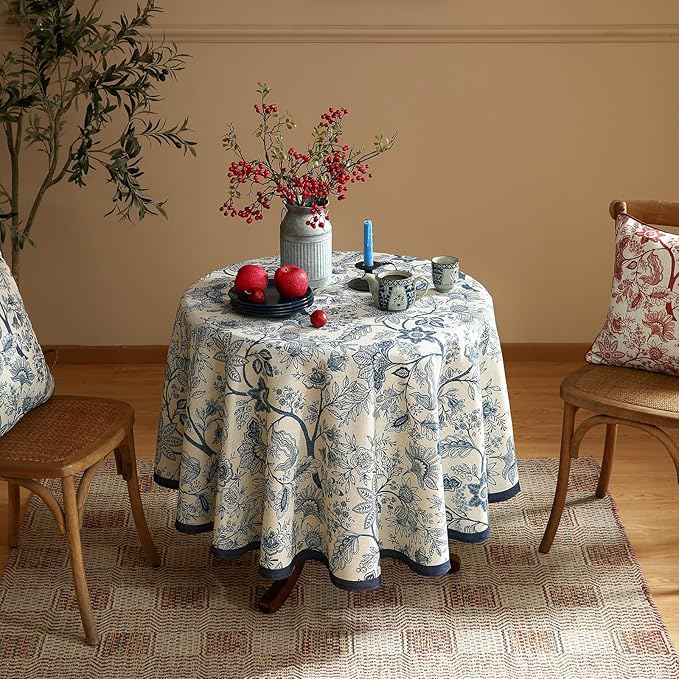 ISAENNE Designer French Linen Round Tablecloth,Blue Floral Washable Indoor Table Cloth,Durable Home Decor Tablecloths for Dining Thanksgiving Kitchen Party Christmas,Diameter 67"-Ruyi B