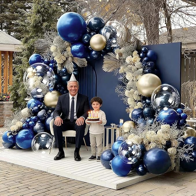 Royal Blue Gold Balloon Arch Double Stuffed Latex Bobo Pearl Gold Balloon Garland Navy Ruby Blue Balloons for Birthday Baby Shower New Year Wedding Prom Business Opening Party Decor