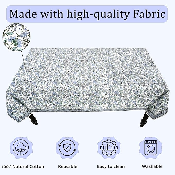 Ridhi Hand Block Print Columbia Blue Rectangle Cotton Tablecloth 108" x 70" Reusable Table Cover Decorative Everyday Use for Dining, Farmhouse, Home Gift for Spring, Easter, Valentine