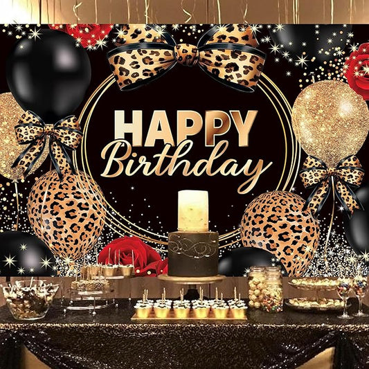 Homewelle Leopard Print Bow Happy Birthday Backdrop 7Wx5H Feet Polyester Fabric Black Gold Red Rose Cheetah Print Bownot Decoration Cool Balloon for Women Girl Photography Background Photo Shoot Props
