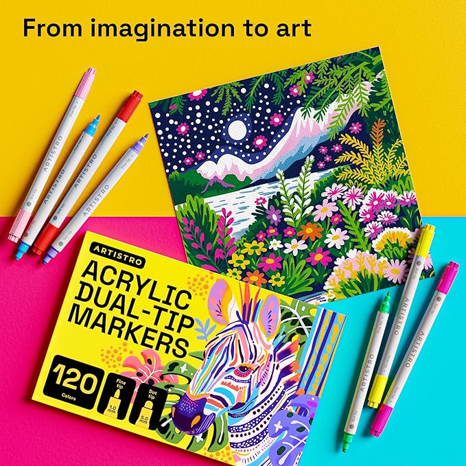 ARTISTRO 120 Acrylic Paint Markers for Rock, Fabric, Wood, Glass, Decoration - Dual-Tip Paint Pens for Coloring Books for Adults, Teens, Kids - Art and Craft Supplies Kit - Gift Idea