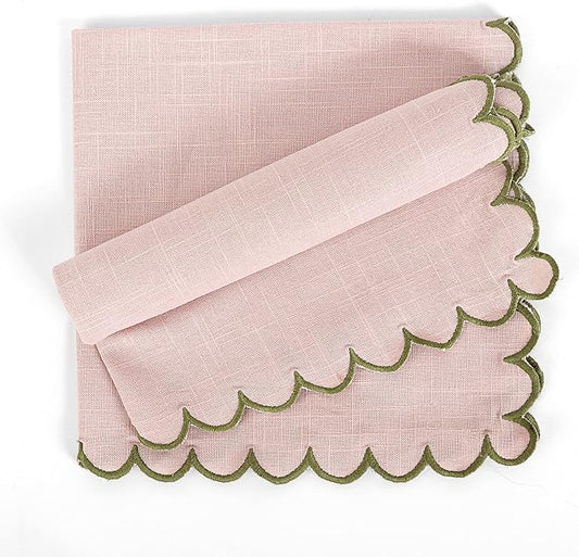 FINGERCRAFT Cloth Napkins, Everyday Use Scallop Design, Premium Quality Cotton Napkin Set of 6 Perfect for Parties Dinners Weddings Easter Napkin Cloth 20x20 inch Pink/Olive Green