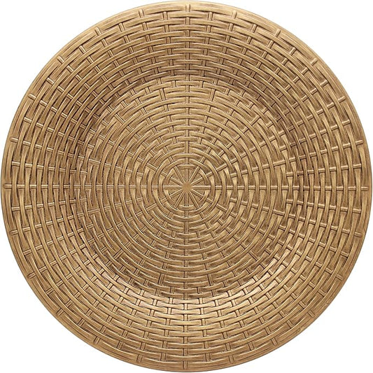 Rattan Chargers for Dinner Plates, 13" Antique Gold Charger Plates, Set of 6 Round Plastic Woven Texture Matte Finish for Wedding & Party (513BR)