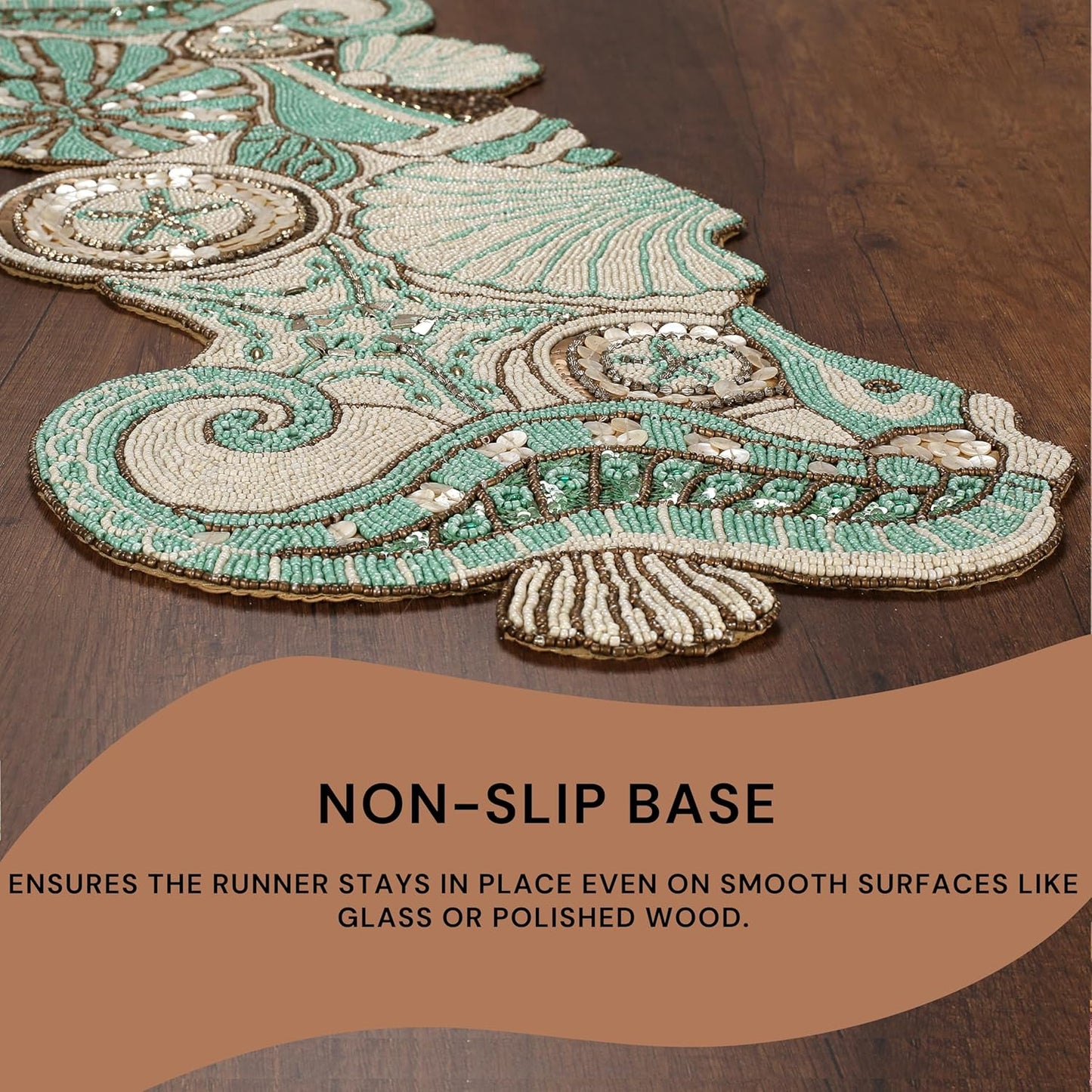 Handcrafted Beaded Table Runner - 36x13 Inch, Coastal Animal Design in Fern Green Ivory - Ideal for Farmhouse, Bridal Shower, and Christmas Decor (Green Brown) - CLEENTABLE