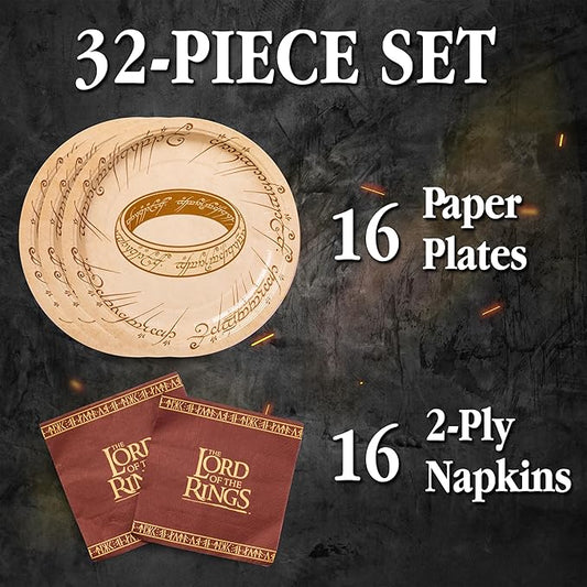 Silver Buffalo The Lord of the Rings Elvish Script 32 Pack Partyware Disposable Paper Plates and Napkins