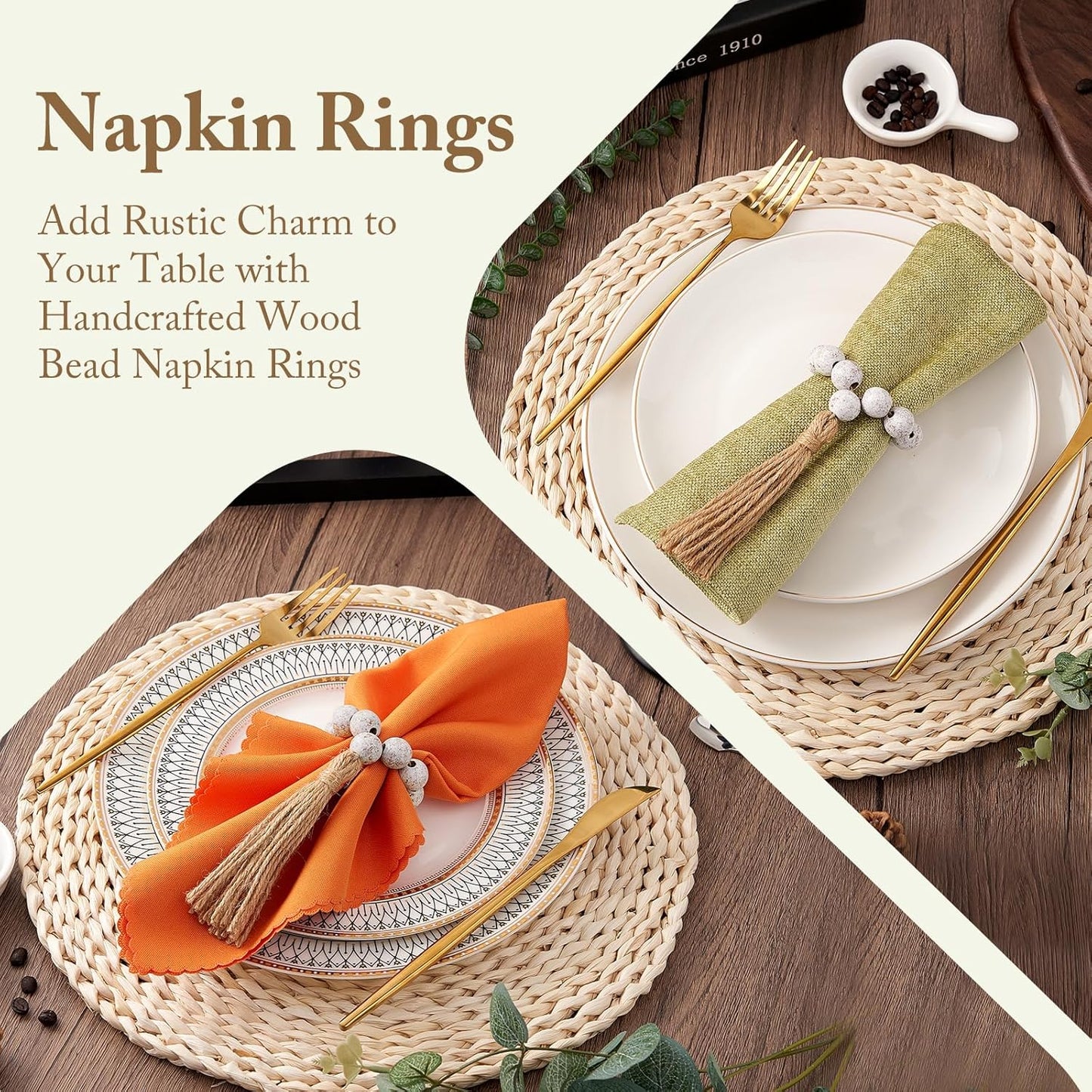 APTWOW Napkin Rings Set of 6, White Washed Wood Bead Napkins Rings, Wooden Napkins Rings for Table Decor, Farmhouse Napkin Rings for Boho Table Decor, Family Banquet, Wedding, Holiday Dinner Party
