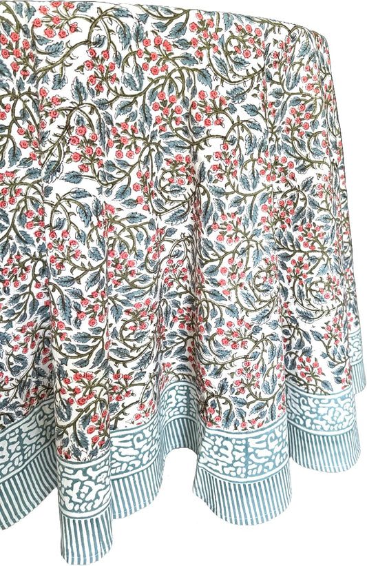 ATOSII Kalina 100% Cotton Round Tablecloth, Handblock Print Floral Table Cloth for Kitchen Dining Linen I Parties, Weddings, Outdoors, Christmas I Fall Home Decor 72" Inches Round